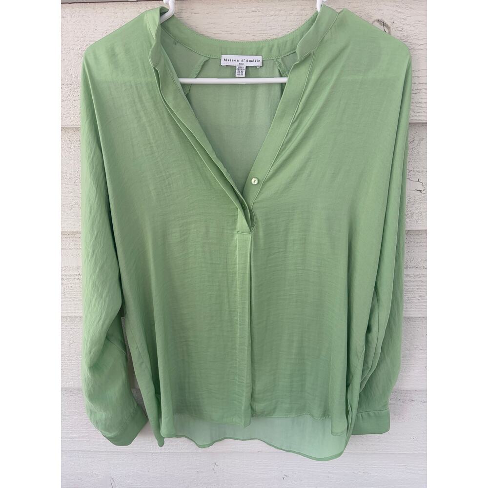 Maison d’Amélie Paris Green Blouse XS | Flowy V-Neck Top - Picture 2 of 7